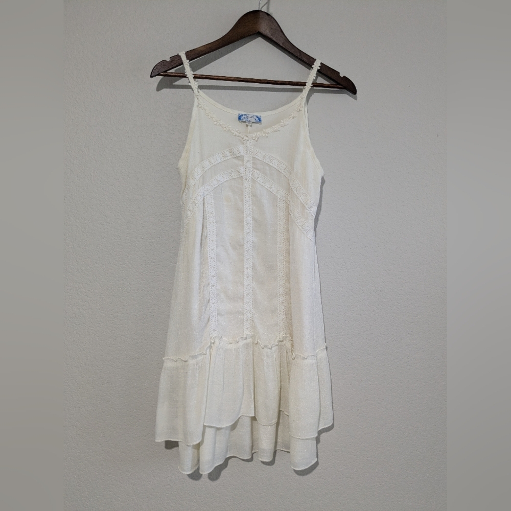 J. Gee Vintage Boho Elegant Cream Lace Trim Ruffle Tiered Panel Dress M